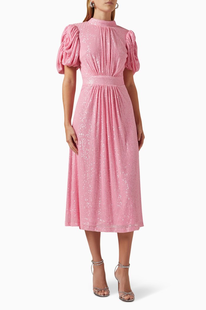 

Puffed-sleeve Midi Dress in Sequins, Pink