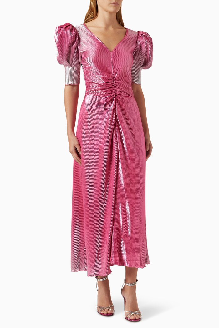 

Twisted V-neck Midi Dress in Gradient Plissé, Pink