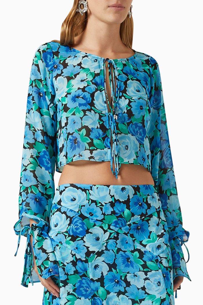 

Floral-print Self-tie Crop Top in Chiffon, Blue