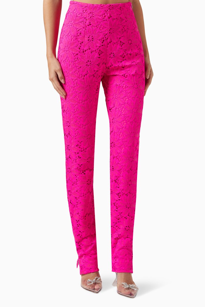 Floral-appliqué High-rise Pants in Lace, Pink