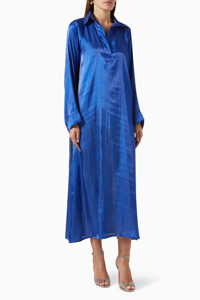 Sequinned Fringe Dress in Silk, Blue
