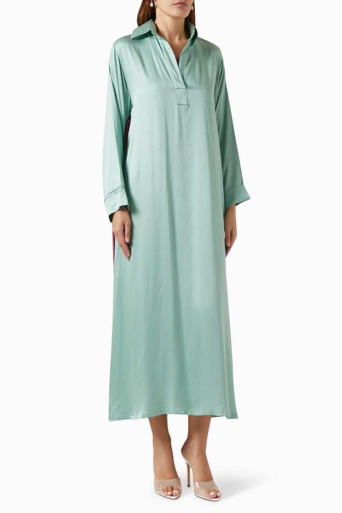 

Fringe-trim Dress in Silk, Green