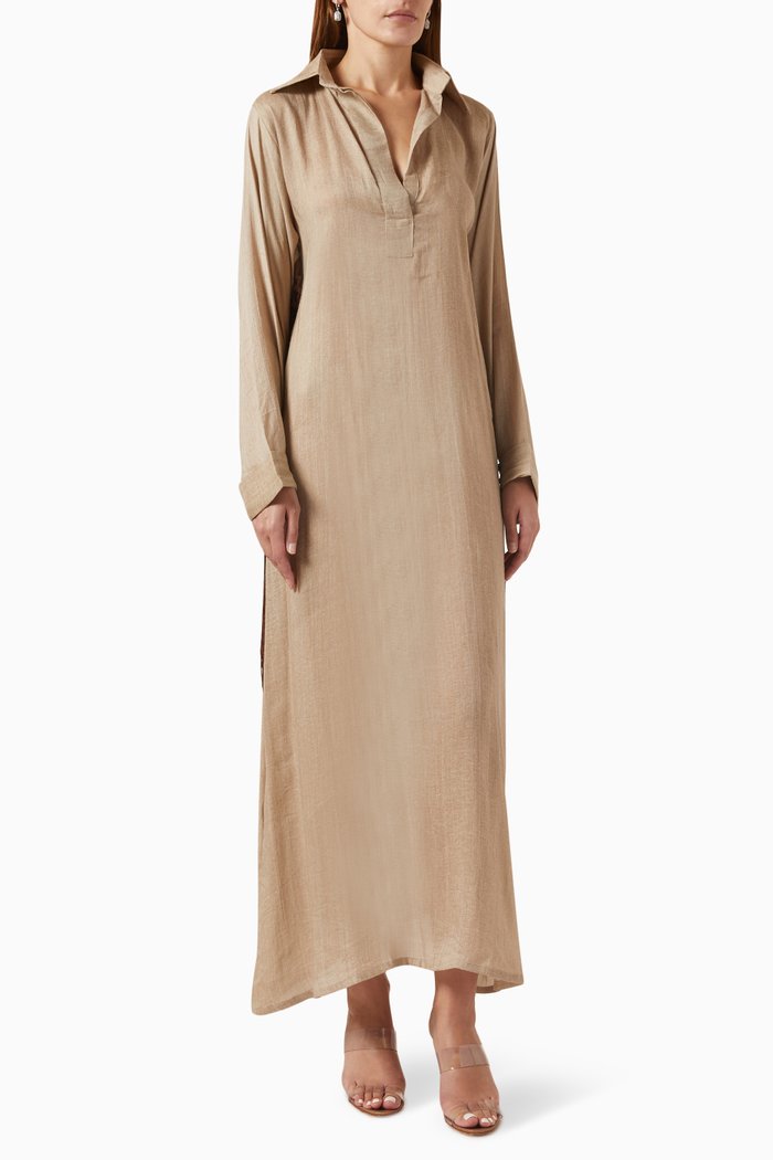 

Fringe-trim Dress in Cotton, Neutral