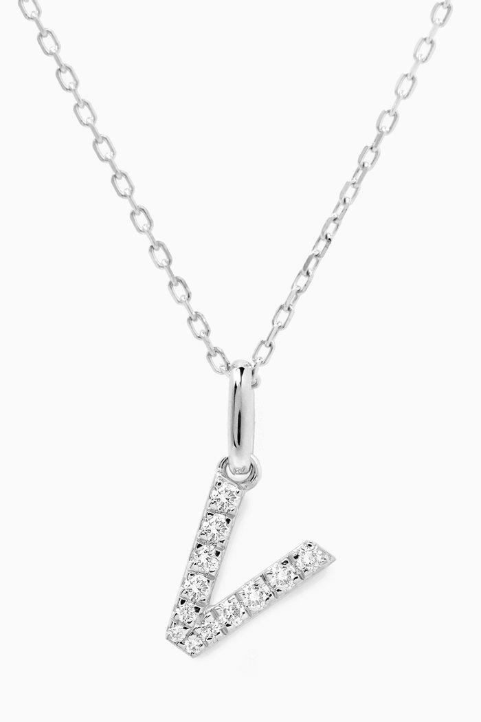 V Letter Diamond Necklace in 18kt White Gold, Neutral