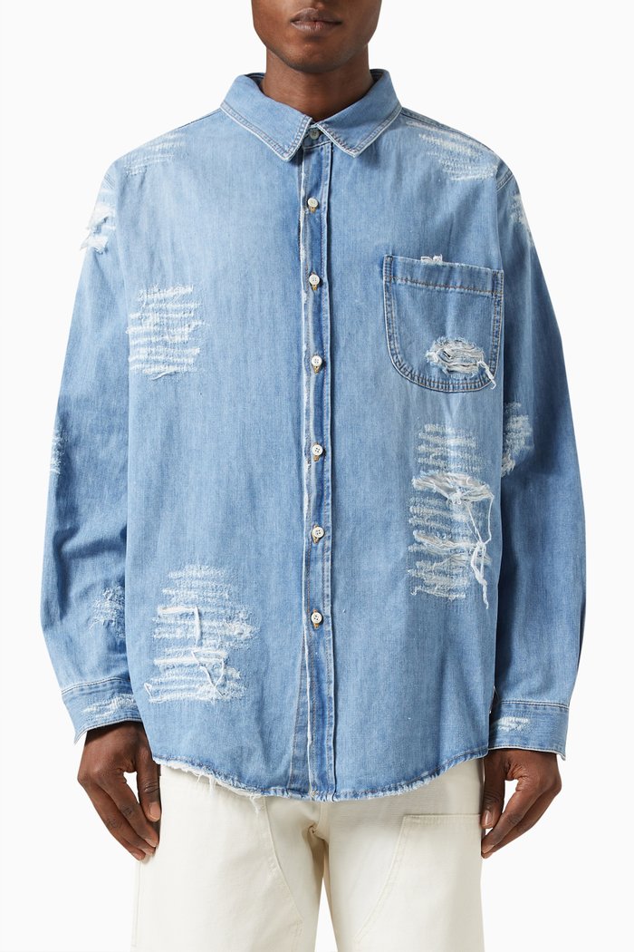 Ripped-detail Shirt in Cotton, Blue