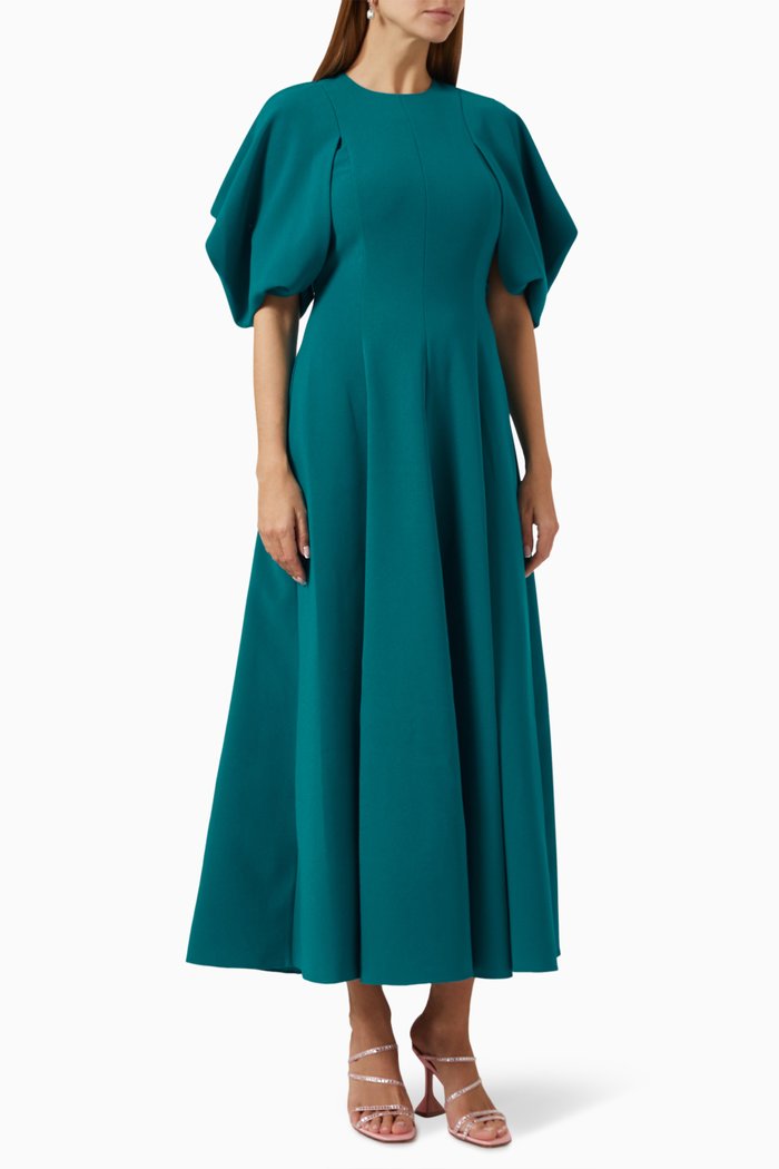 

Puff-sleeved Midi Dress in Crepe, Blue