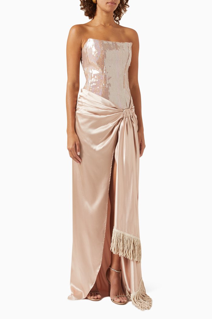 

Gina Strapless Maxi Dress in Sequins & Satin, Gold
