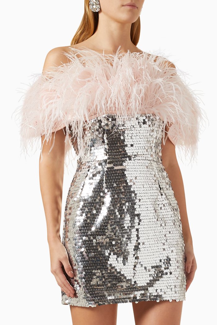 Lola Feather Mini Dress in Sequins, Silver