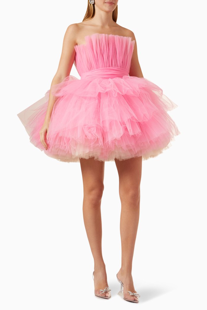 

Anna Tiered Mini Dress in Tulle, Pink