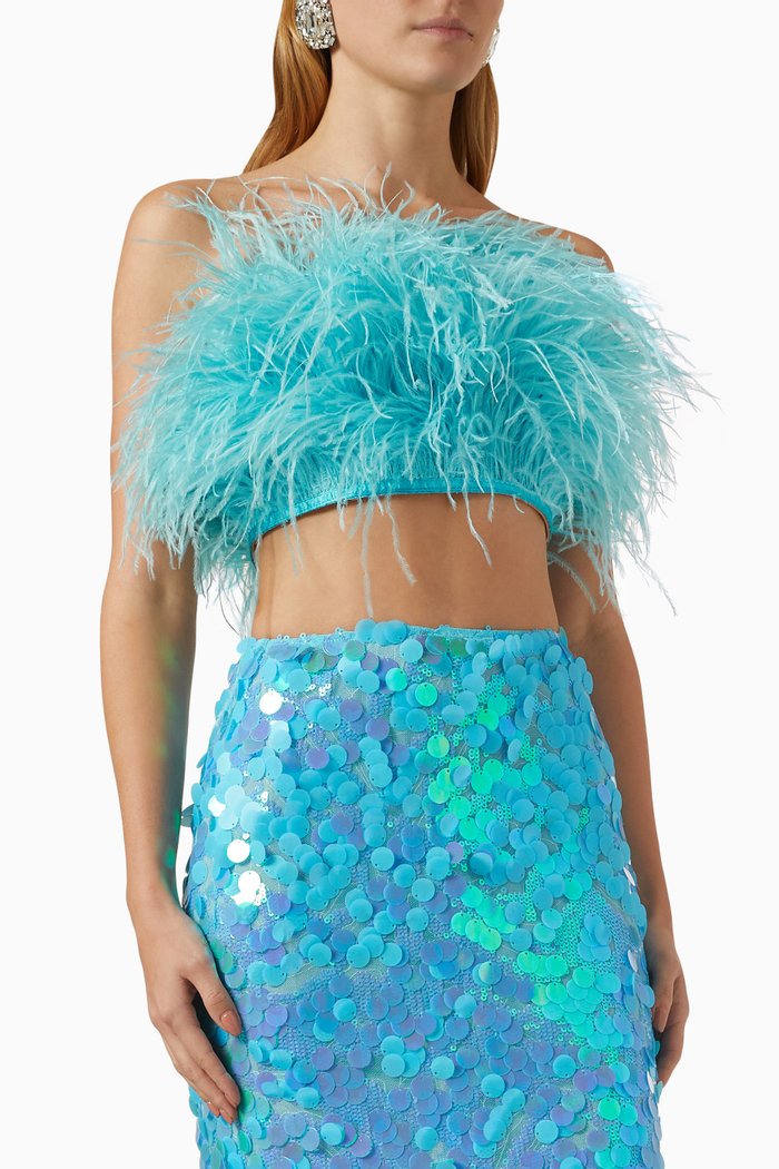 Afiya Crop Top in Ostrich Feather, Blue