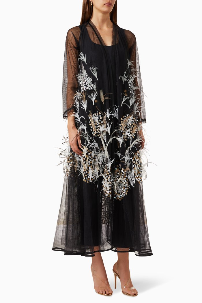 

Feathers & Sequins Abaya in Semi-sheer Organza, Black