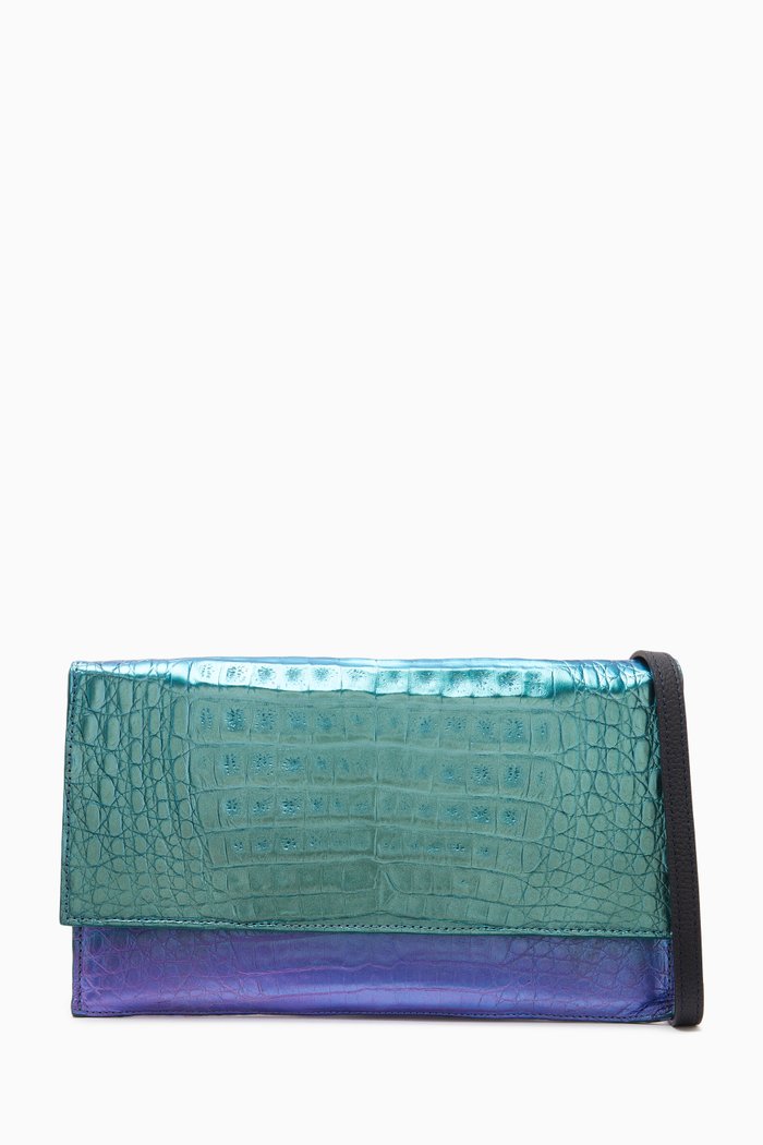 Sofia Clutch Bag in Metallic Crocodile Leather, Blue