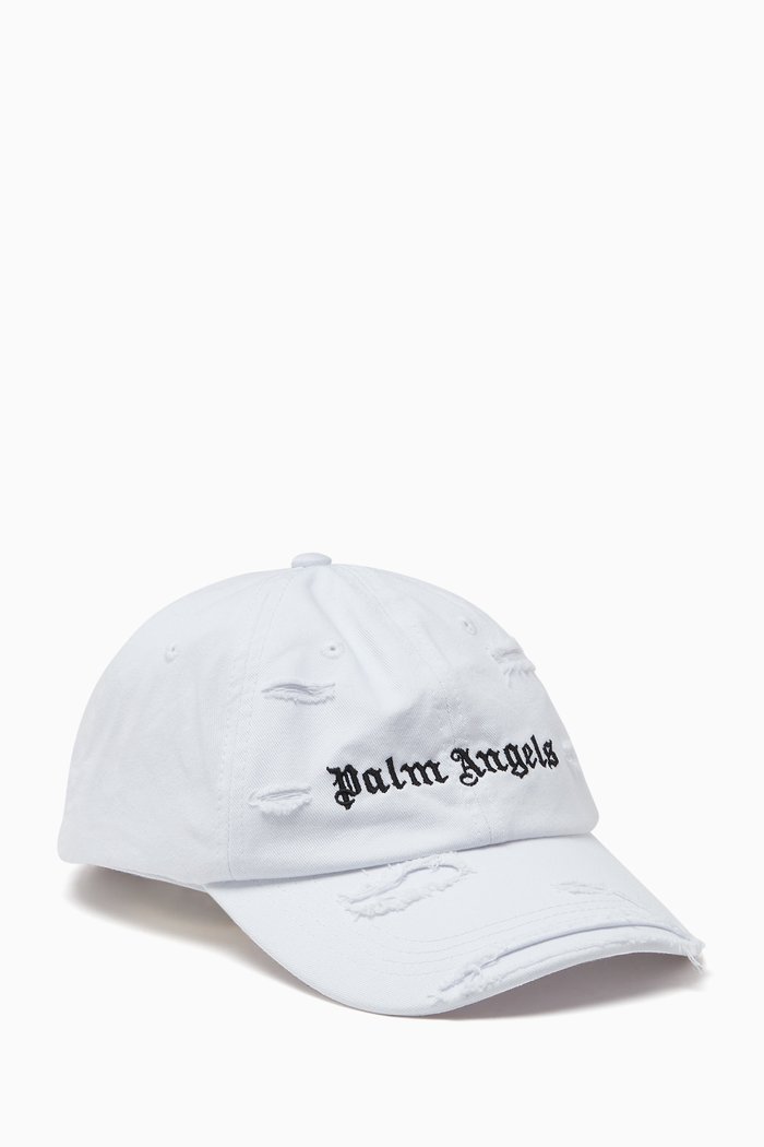 Distressed Logo Baseball Cap in Denim, White