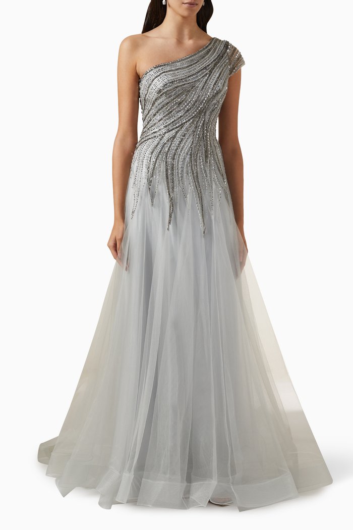 

One-shoulder Tulle Gown, Silver