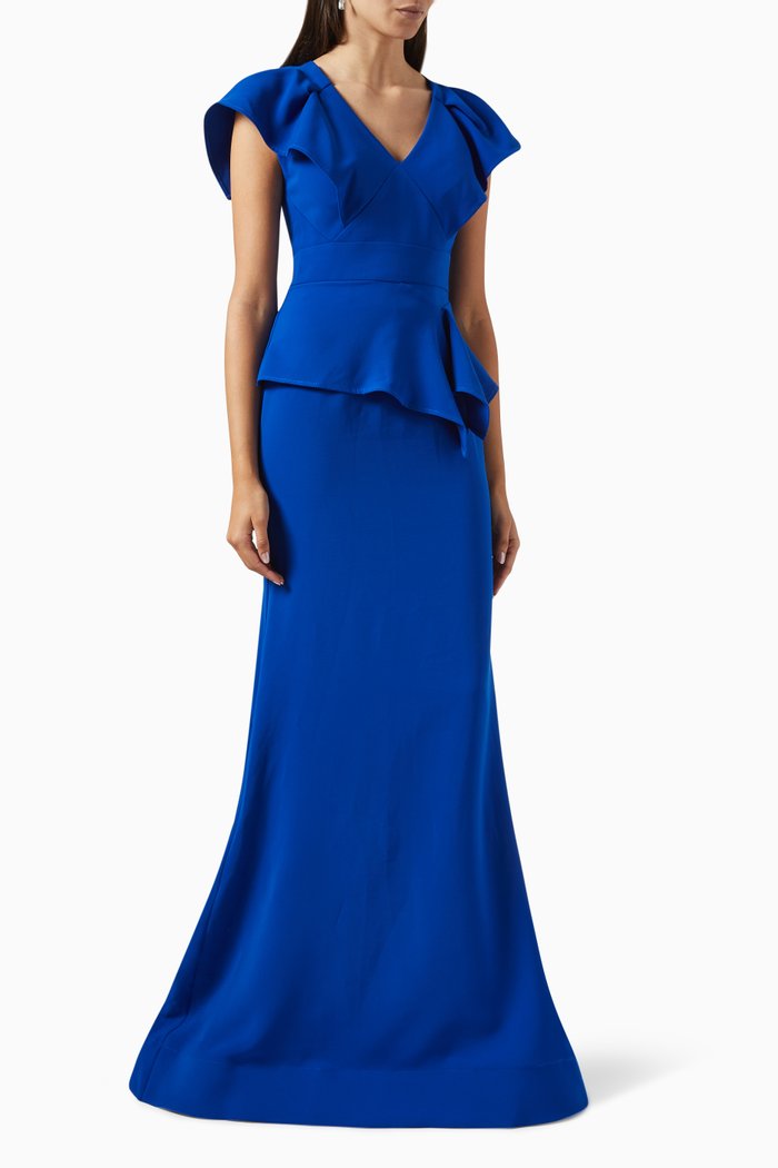 

Ruffled Peplum Maxi Gown in Stretch-crepe, Blue