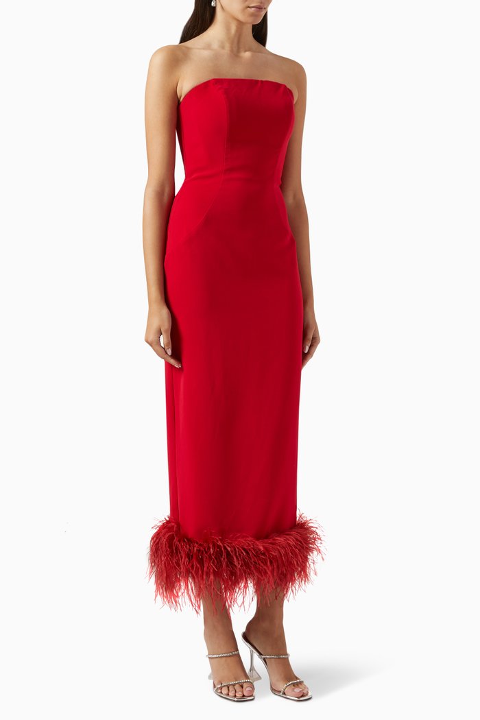 

Strapless Feather-trim Midi Dress, Red