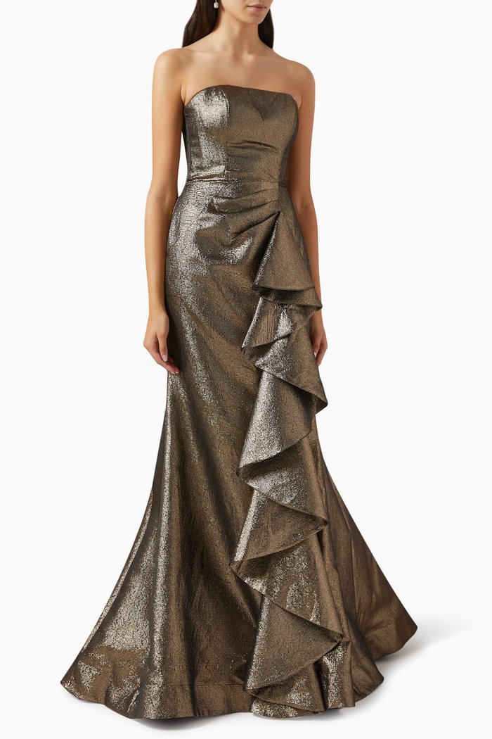 

Ruffled Strapless Gown in Metallic-jersey, Gold