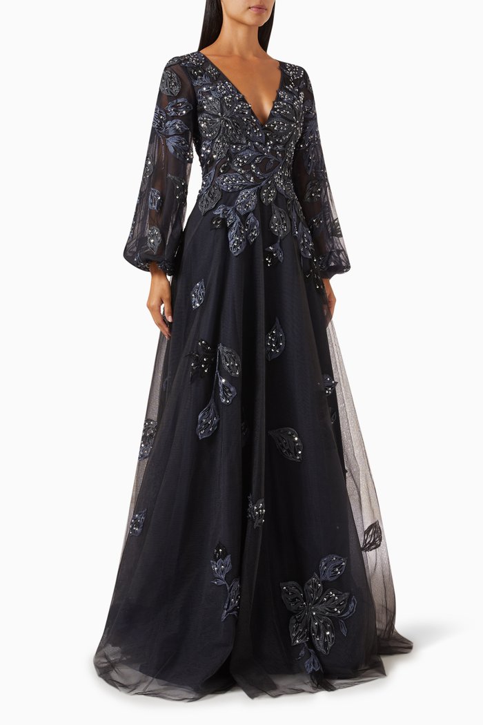 

Floral-embroidered Maxi Dress in Tulle, Blue
