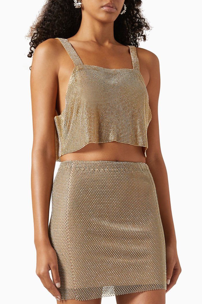 

Milano Crop Top in Rhinestone Mesh, Gold
