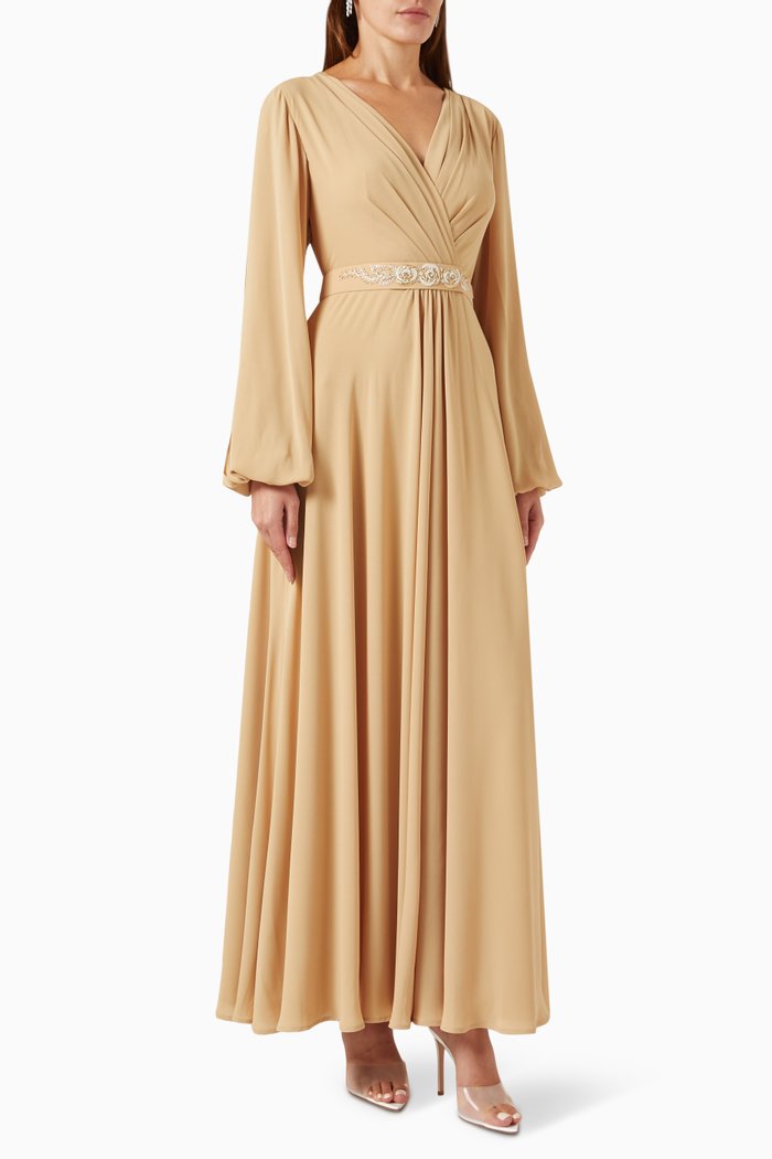 

Embellished Belt Maxi Dress in Crepe, Neutral