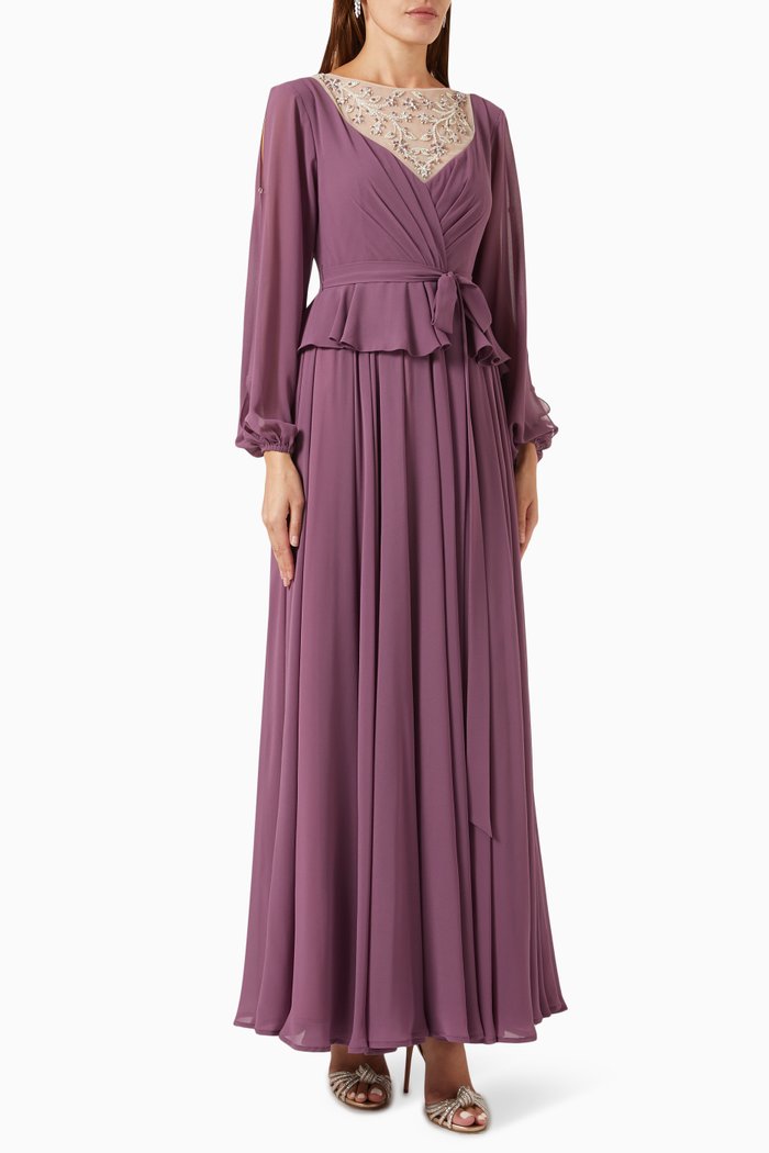 

Embellished Neckline Maxi Dress in Chiffon, Purple