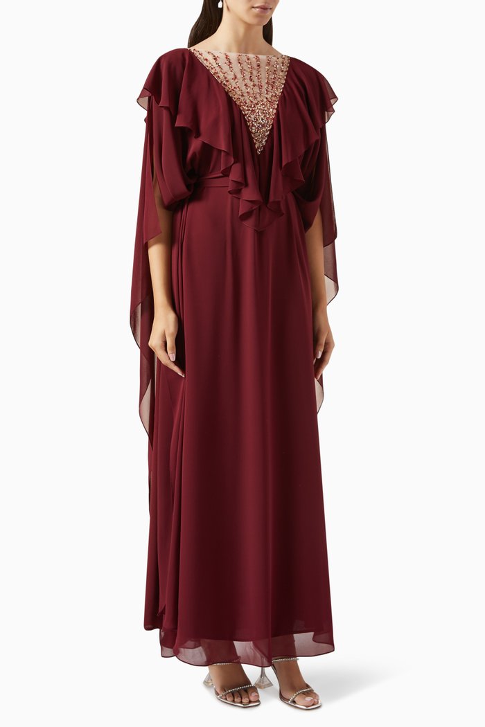 

Ruffled Embellished-neck Maxi Dress in Chiffon, Red