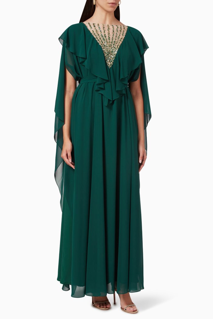 

Ruffled Embellished-neck Maxi Dress in Chiffon, Green