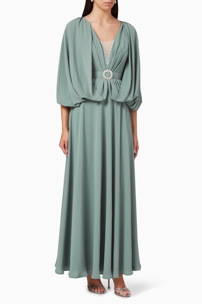 

Embellished Belted Maxi Dress in Crepe, Green