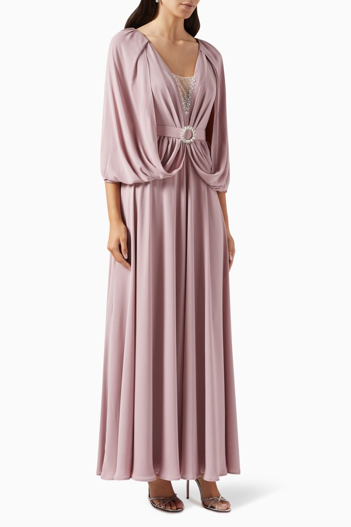 

Embellished Belted Maxi Dress in Crepe, Pink