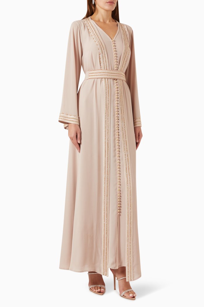 

Moroccan Hand-beaded Belted Kaftan in Crepe, Neutral