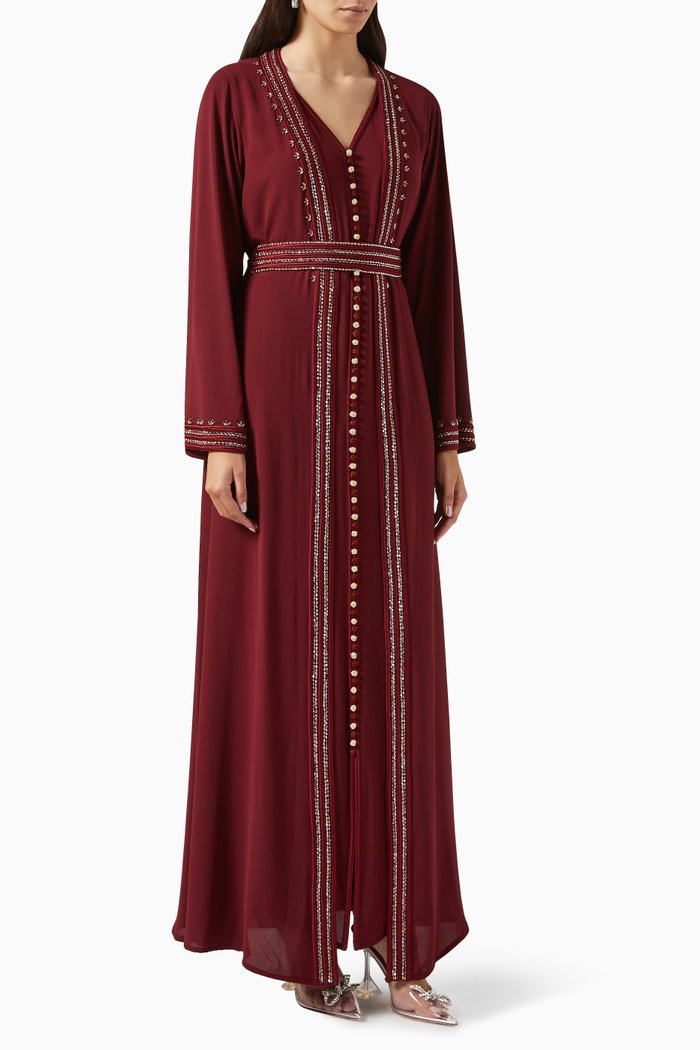 

Moroccan Hand-beaded Belted Kaftan in Crepe, Red