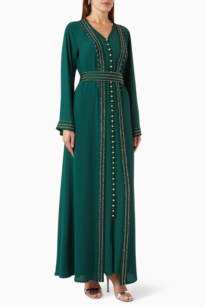 

Moroccan Hand-beaded Belted Kaftan in Crepe, Green