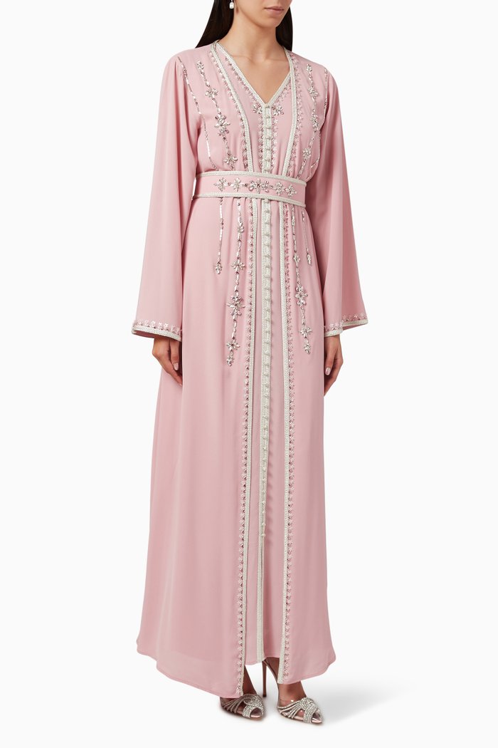 

Two-piece Hand-beaded Traditional Kaftan in Crepe, Pink