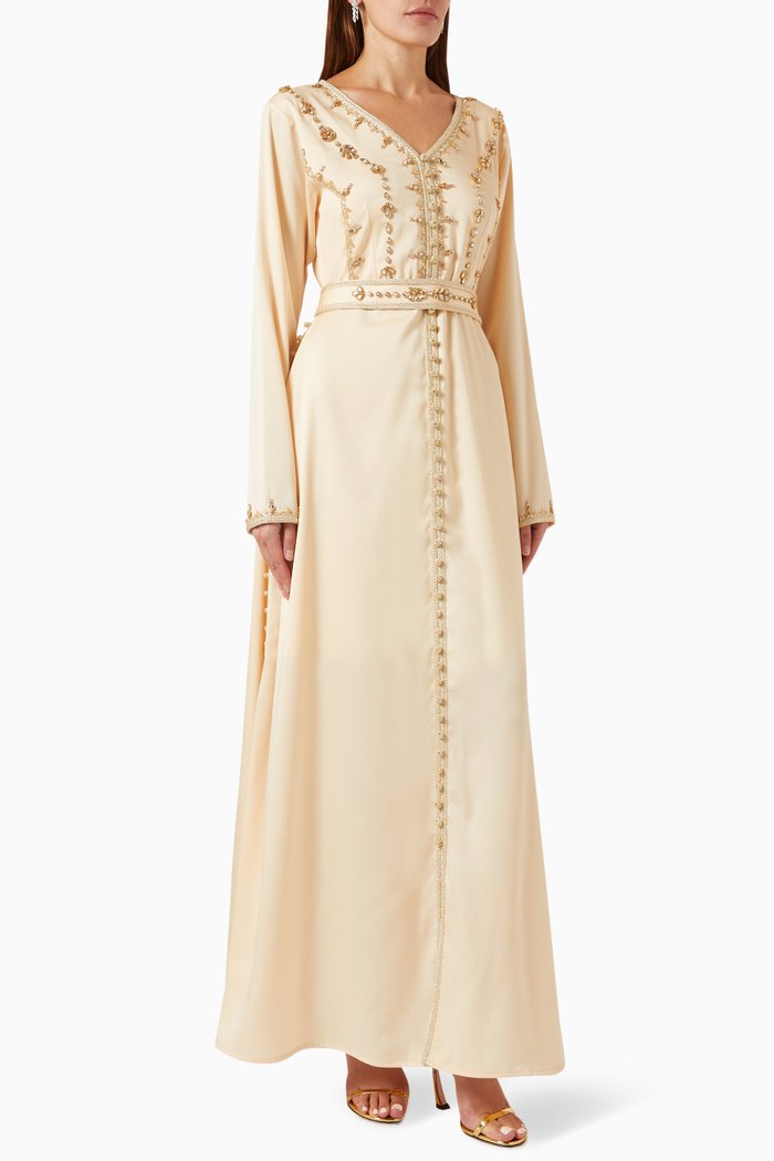 

Moroccan Beaded Kaftan in Silk-crepe, Neutral