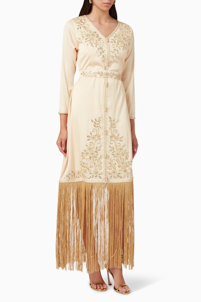 

Fringe-trimmed Embroidered Maxi Dress in Silk-crepe, Neutral