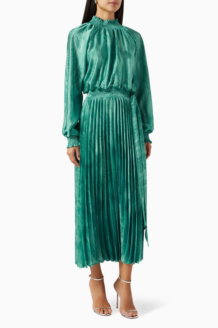 

Jil Pleated Midi Dress in Sateen, Green