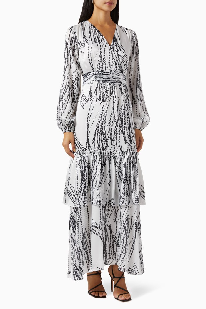 

Ashley Abstract-print Tiered Maxi Dress in Sateen, White