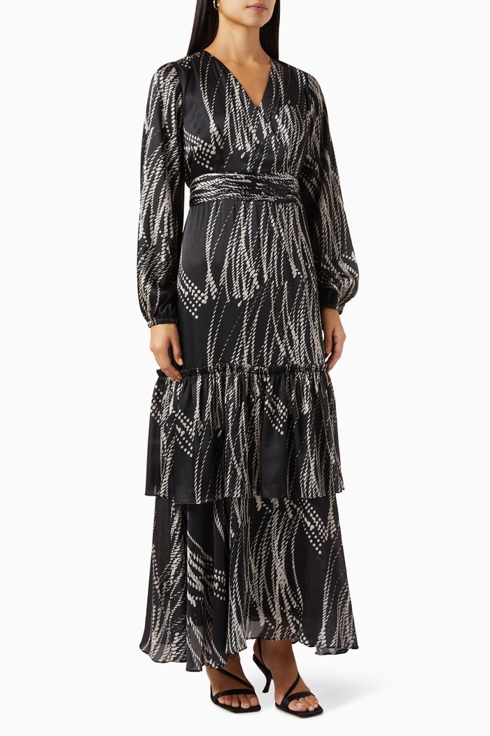 

Ashley Abstract-print Tiered Maxi Dress in Sateen, Black