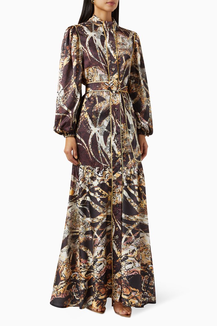 

Sherry Abstract-print Belted Maxi Dress in Sateen, Brown