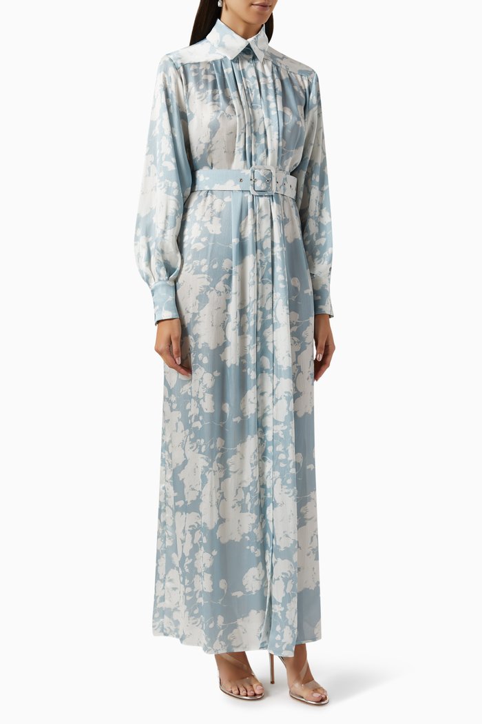 

Valen Pleated Belted Maxi Dress in Satin, Blue