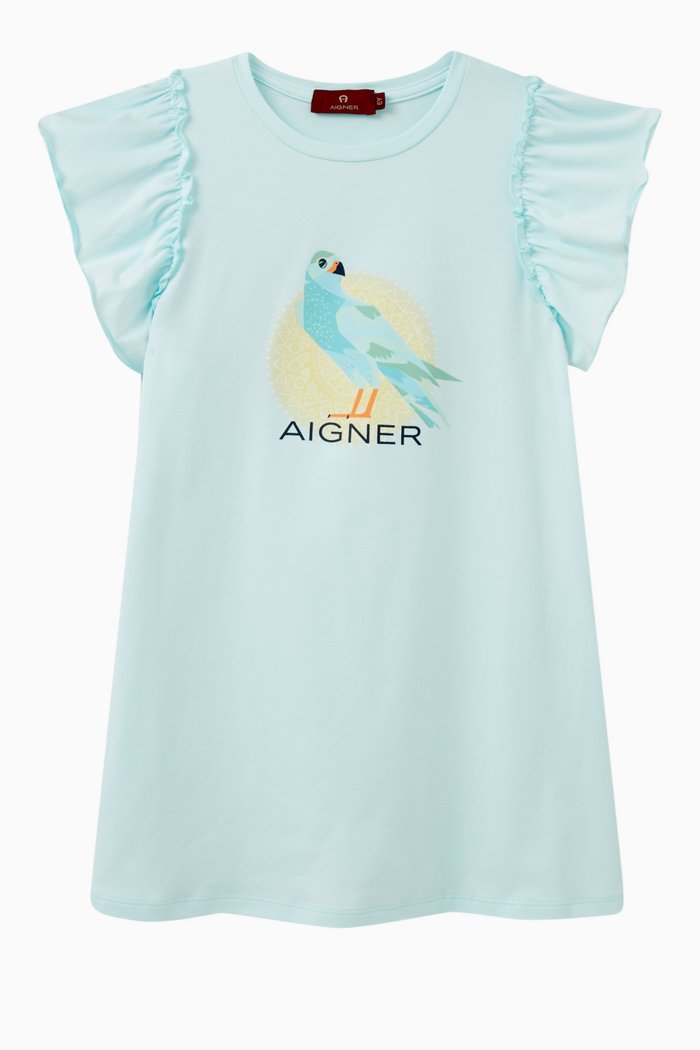 

Ruffle-sleeves Bird Print Dress in Cotton, Blue