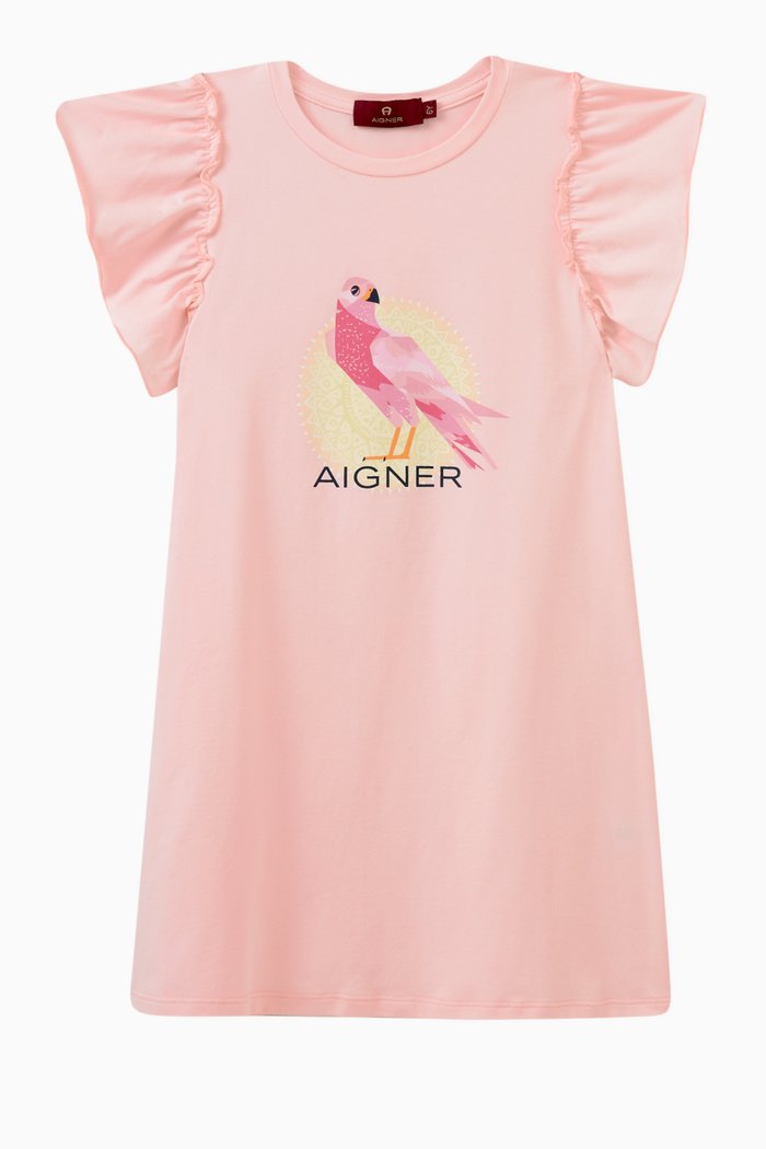 

Ruffle-sleeves Bird Print Dress in Cotton, Pink