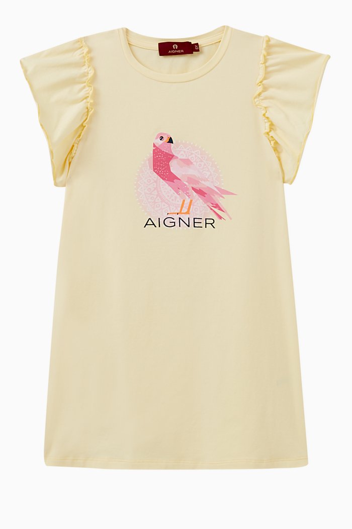 

Ruffle-sleeves Bird Print Dress in Cotton, Yellow