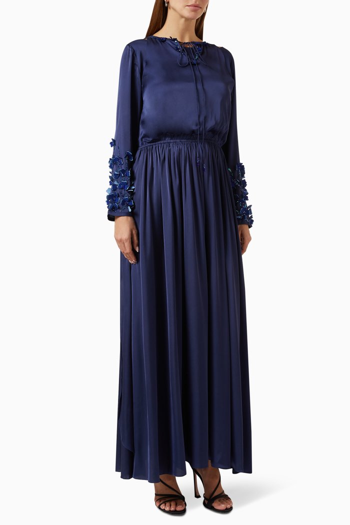 

Floral Layered Maxi Dress in Satin, Blue