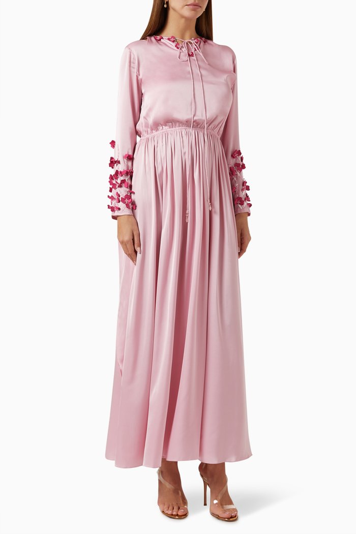 

Floral Layered Maxi Dress in Satin, Pink