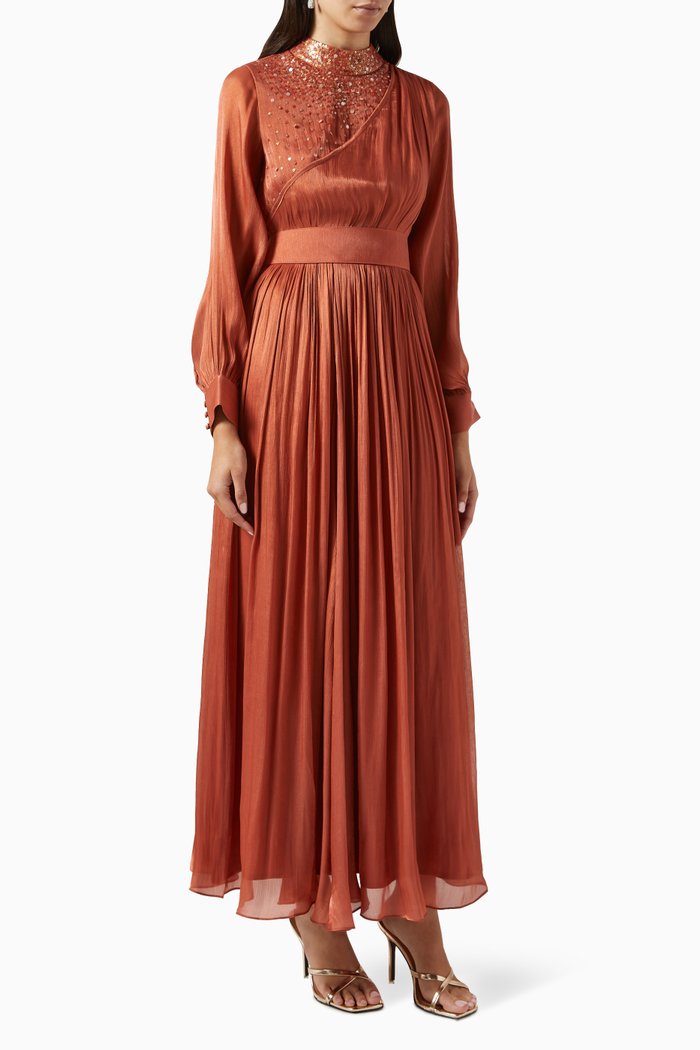 

Embellished Pleated Maxi Dress, Orange