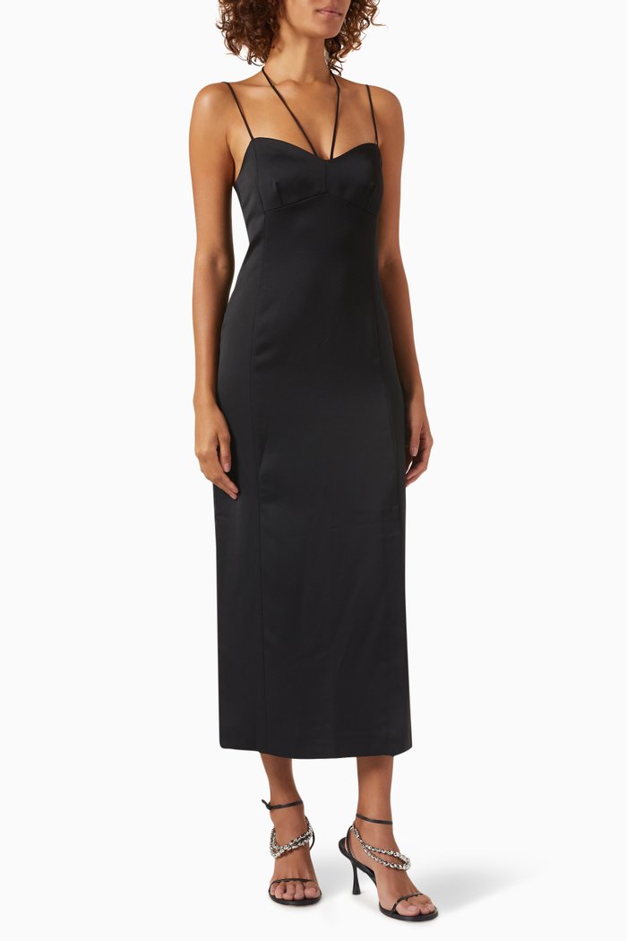 

Macario Strappy Midi Dress in Satin, Black