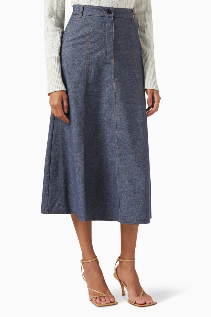 

Variety Flared Midi Skirt in Stretch Cotton-blend, Blue