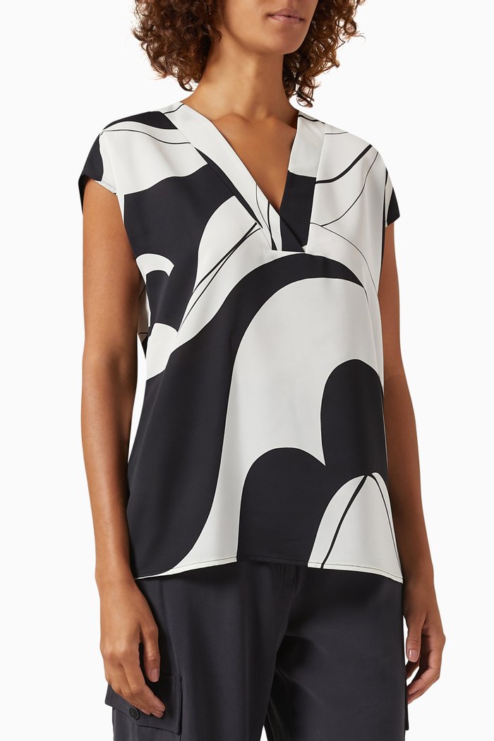 Doga Abstract-print V-neck Top in Satin, Black
