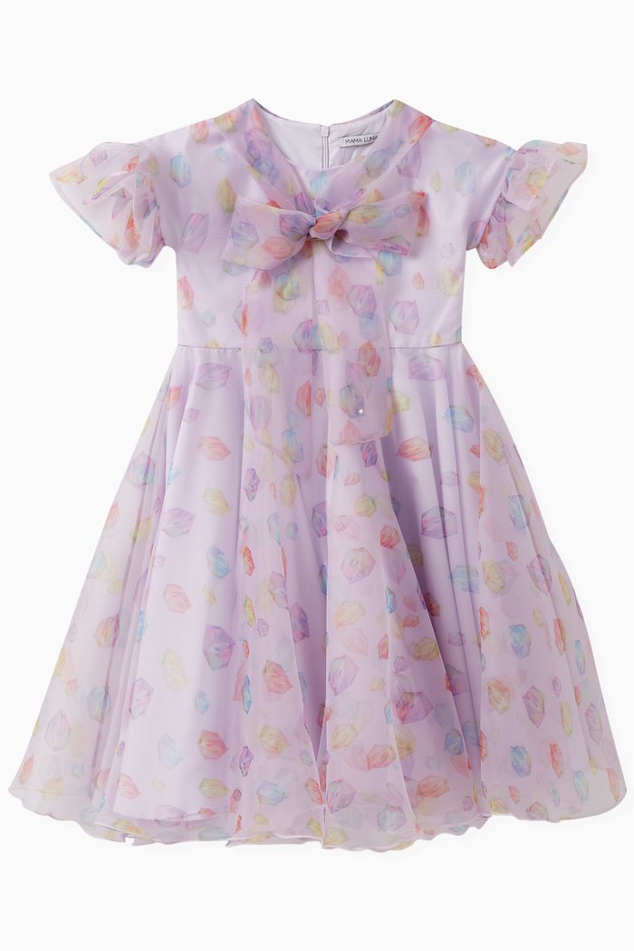 

Printed Bow Detail Dress in Chiffon, Purple